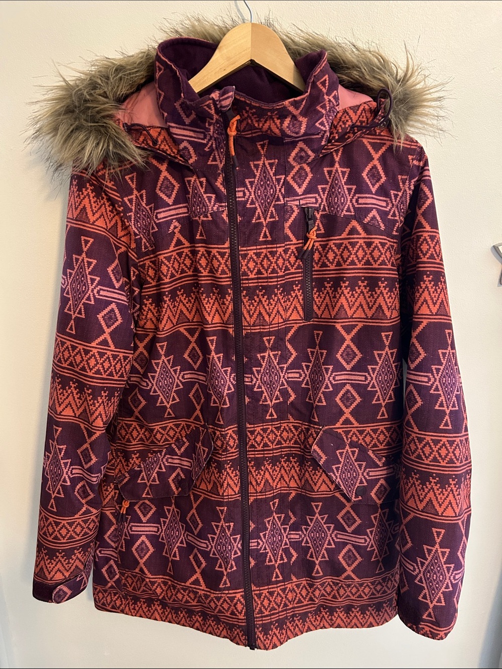 Burton Purple and Pink Patterned Ski Jacket with Faux-Fur Hood